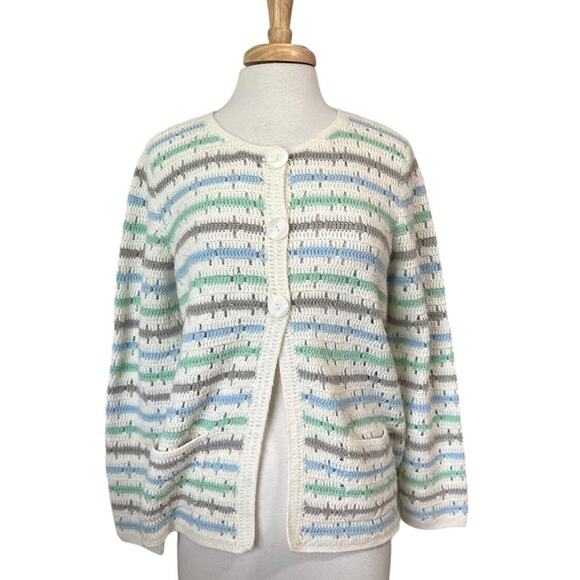 Alfred Dunner Cardigan Sweater Crochet Bolero Ivory Aqua Gray Women's L - Picture 2 of 6